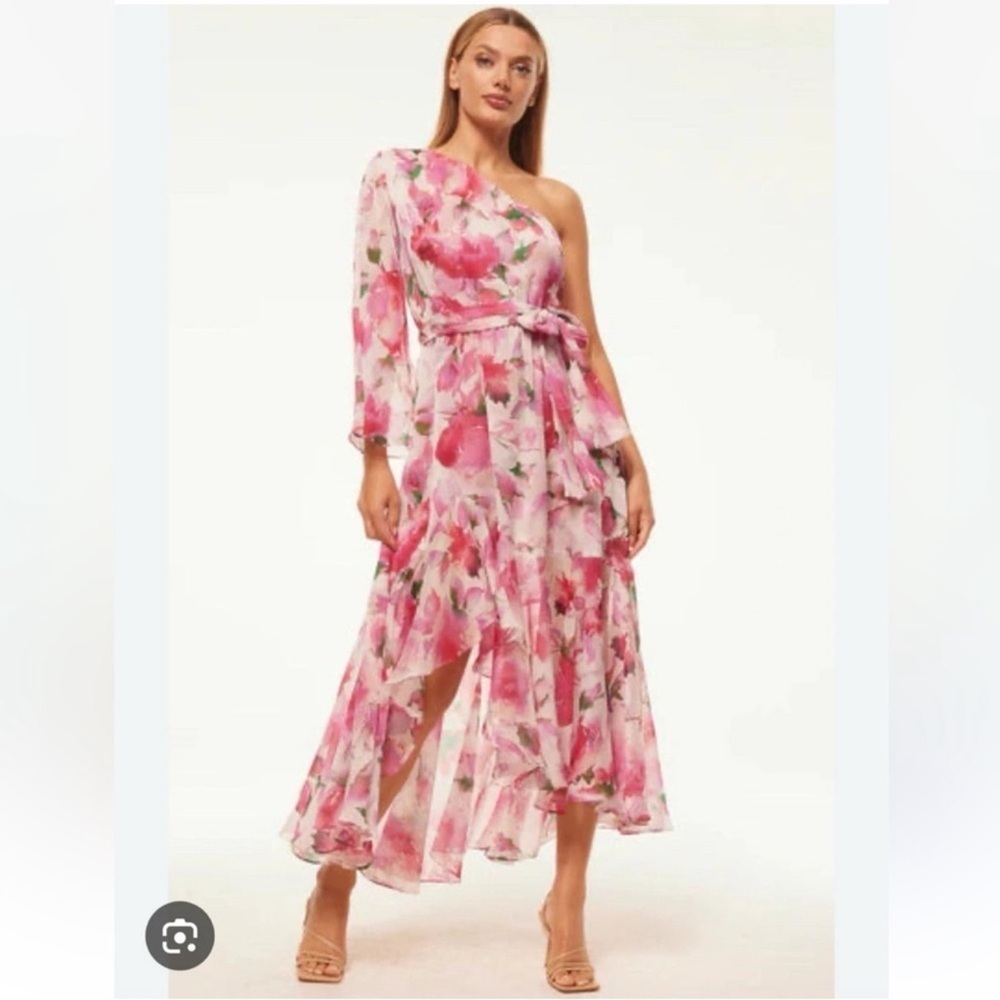 Misa Sabrina Dress One Shoulder Belted Ruffle Midi
